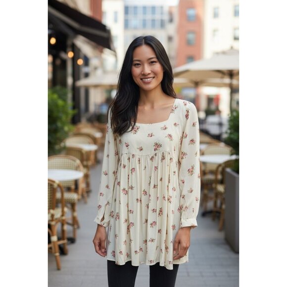 NWT Merritt Charles Butter Yellow Floral Long-Sleeve Babydoll Dress Sz Medium - Picture 2 of 8